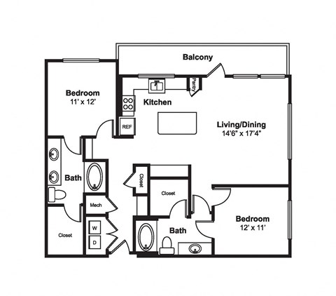 Floor plan for 2 beds, 2 baths, 1196 sqft